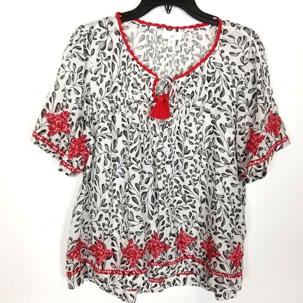 J. Jill Women Black/White Leaf Print Pintucked Blouse Size L Red Embroidery